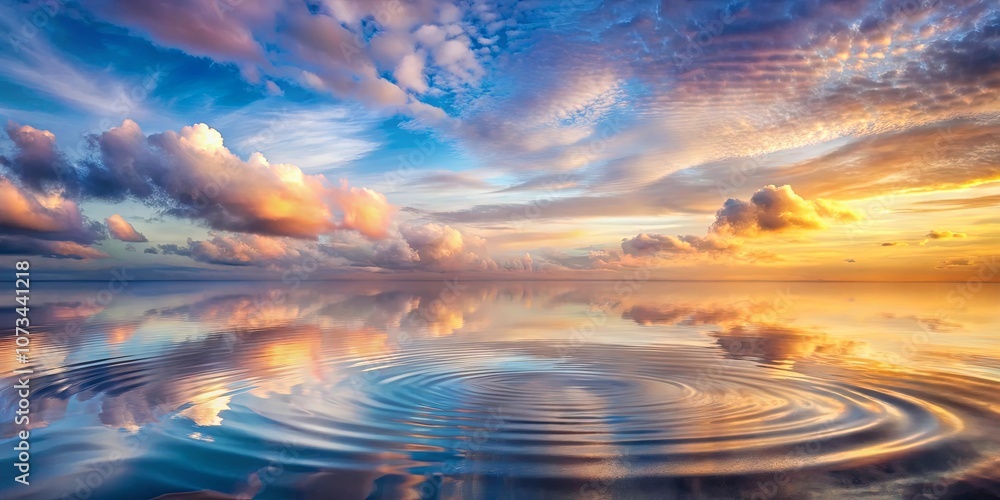 Obraz premium Tranquil Ripples on a Serene Water Surface, Reflecting a Golden and Blue Sky, As The Sun Begins its Descent