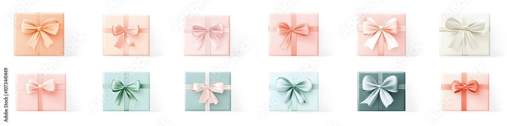 Assortment of gift boxes in various shades of pastel with minimalistic ribbon designs, creating a soft and elegant look, displayed on a bright white background. Vector art, 4k resolution, Assortment of gift boxes in various shades of pastel with minimalistic ribbon designs, creating a soft and elegant look, displayed on a bright white background. Vector art, 4k resolution,