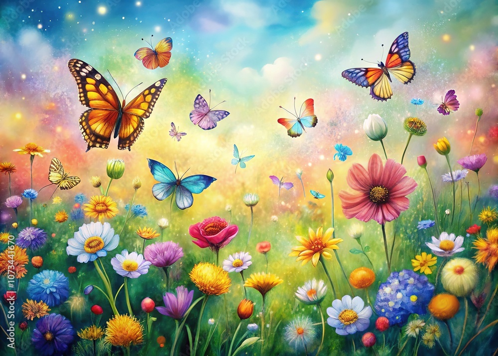 Delicate butterflies dance among colorful blooms in a blurred watercolor paradise.