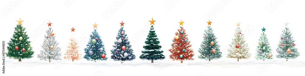 A collection of classic Christmas trees with star toppers, each decorated with colorful ornaments and tinsel, arranged in a line on a white background. Vector art, 4k resolution, ultra-realistic, A collection of classic Christmas trees with star toppers, each decorated with colorful ornaments and tinsel, arranged in a line on a white background. Vector art, 4k resolution, ultra-realistic,