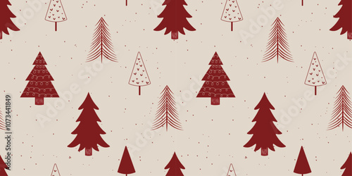 Seamless Pattern of Cute Red Christmas Tree with Different Style