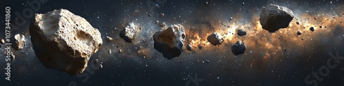 A series of space rocks are shown in the sky. The rocks are scattered in various sizes and positions, creating a sense of chaos and destruction. The image conveys a feeling of danger photo