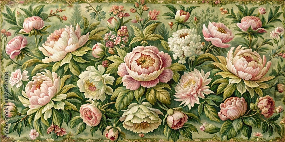 A Tapestry of Delicate Blooms in Soft Hues, Rendered with Exquisite Detail and Richly Colored Foliage A Tapestry of Delicate Blooms in Soft Hues, Rendered with Exquisite Detail and Richly Colored Foliage