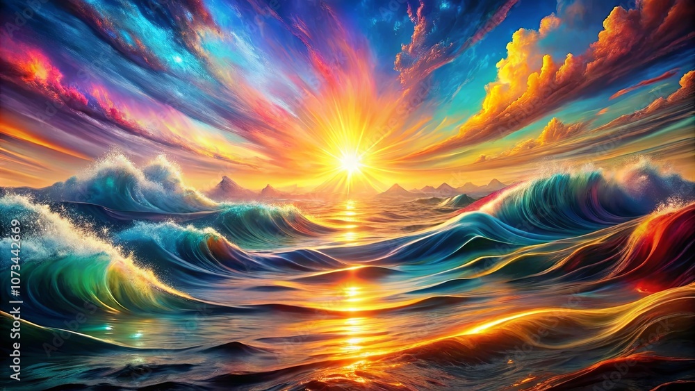 Obraz premium A Sunlit Seascape with Vivid Hues of Blue, Green, and Yellow, Capturing the Radiant Glow of a Rising Sun and the Serene Beauty of Rolling Waves