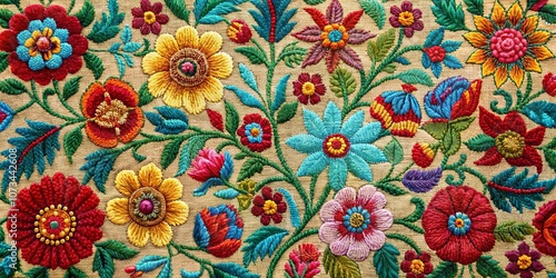 Intricate Floral Embroidery Pattern Featuring Colorful Flowers, Leaves, and Vines on a Beige Fabric Background