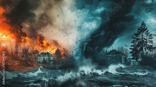 Natural Disasters Fire and Flood Collide in a Chaotic Scene of Devastation and Despair