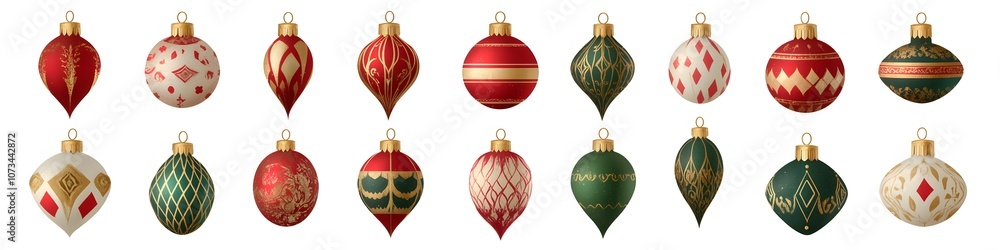 A collection of classic Christmas ornaments in red, gold, and green, each with intricate patterns and festive details, arranged on a white background. Vector art, no shadows, 4k resolution, white A collection of classic Christmas ornaments in red, gold, and green, each with intricate patterns and festive details, arranged on a white background. Vector art, no shadows, 4k resolution, white