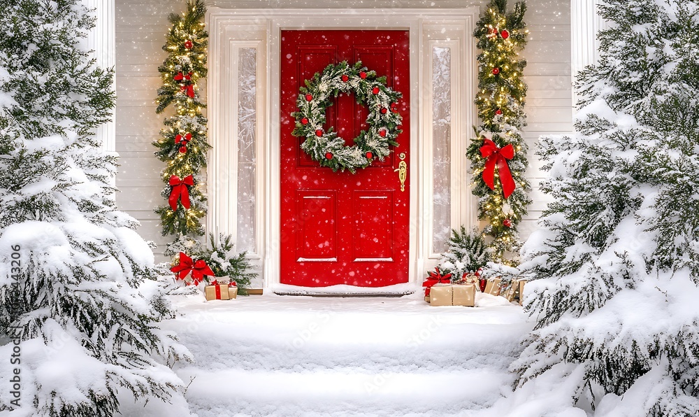 Fototapeta premium A festive winter scene featuring a red door adorned with a wreath and surrounded by snow.
