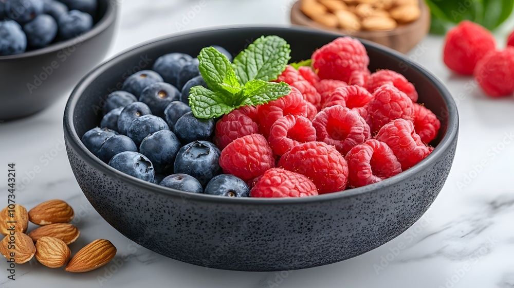 Mixed berries and almonds in black ceramic bowl on white marble, featuring blueberries, raspberries, mint leaves with macro details and soft natural lighting. Mixed berries and almonds in black ceramic bowl on white marble, featuring blueberries, raspberries, mint leaves with macro details and soft natural lighting.
