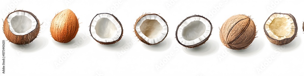 Collection of tropical coconuts, some whole and some halved, with detailed textures of both shell and pulp, displayed in a straight line on a seamless white background. Vector art, no shadows, 4k Collection of tropical coconuts, some whole and some halved, with detailed textures of both shell and pulp, displayed in a straight line on a seamless white background. Vector art, no shadows, 4k