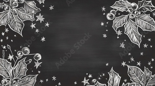 Background featuring hand-drawn mistletoe and holly leaves on chalkboard paint, with small chalk stars sprinkled around