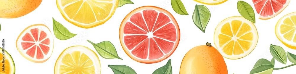 Assortment of mixed citrus fruits in both whole and halved forms, arranged to highlight vibrant colors and textures on a seamless white background. Vector art, no shadows, 4k resolution, white
