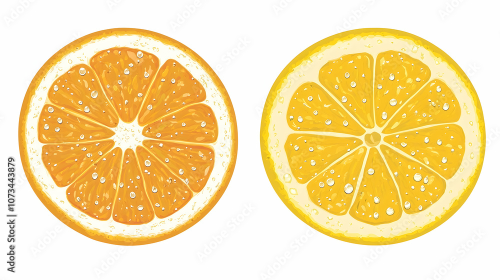 Two halves of citrus fruits, an orange and a lemon, with water droplets on their surfaces. Two halves of citrus fruits, an orange and a lemon, with water droplets on their surfaces.