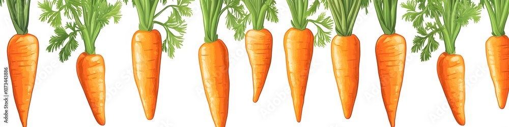 A collection of fresh carrots with green tops, each displaying a vibrant orange color, arranged in a neat line on a white background. Vector art, no shadows, 4k resolution, white background A collection of fresh carrots with green tops, each displaying a vibrant orange color, arranged in a neat line on a white background. Vector art, no shadows, 4k resolution, white background
