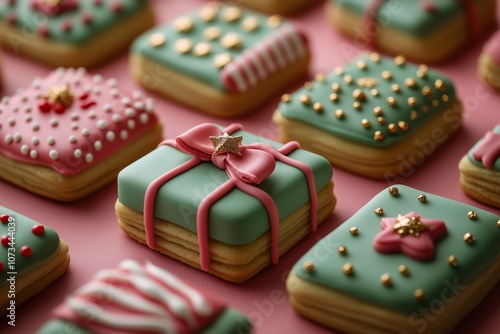 A grid of decorated Christmas cookies in the shape of present boxes, A classic and colorful Christmas theme