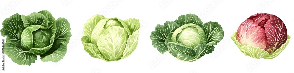 Array of cabbages in green, red, and Napa varieties, each showcasing unique textures, displayed on a pure white background. Vector art, no shadows, 4k resolution, white background Array of cabbages in green, red, and Napa varieties, each showcasing unique textures, displayed on a pure white background. Vector art, no shadows, 4k resolution, white background