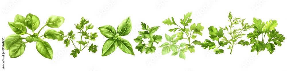 Display of leafy herbs like parsley, basil, and cilantro, each with delicate leaves and vibrant green tones, arranged on a pure white background. Vector art, no shadows, 4k resolution, white Display of leafy herbs like parsley, basil, and cilantro, each with delicate leaves and vibrant green tones, arranged on a pure white background. Vector art, no shadows, 4k resolution, white