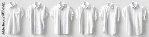 Display of white shirts with unique stitching patterns and small embroidered details, arranged neatly on a bright white background. Vector art, no shadows, 4k resolution, white background