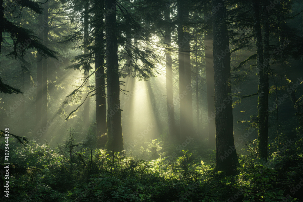 Obraz premium Sunlight filters through a serene forest, casting ethereal rays amidst towering trees and lush greenery, creating a tranquil, mystical atmosphere.