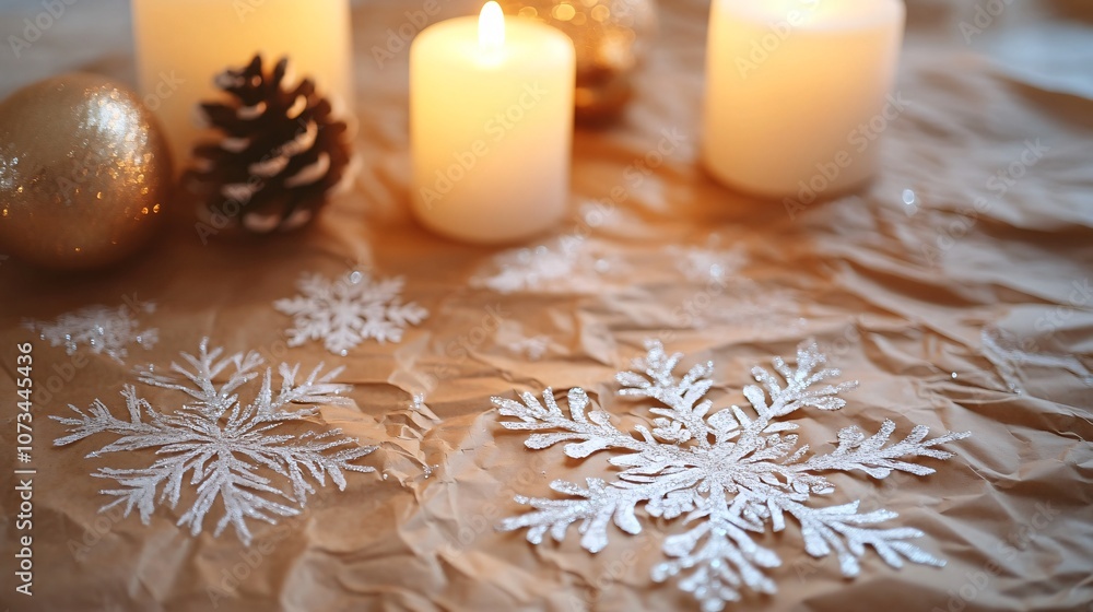 DIY Christmas background with hand-painted snowflakes on recycled brown paper, soft glowing candlelight in the background DIY Christmas background with hand-painted snowflakes on recycled brown paper, soft glowing candlelight in the background