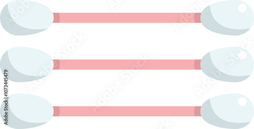 Three cotton swabs are lying next to each other on white background, ready to be used for cleaning or makeup