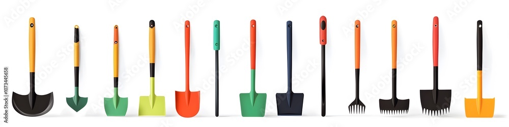 A row of small garden shovels, some with colorful handles and ergonomic grips, arranged to highlight utility on a white background. Vector art, no shadows, 4k resolution, white background A row of small garden shovels, some with colorful handles and ergonomic grips, arranged to highlight utility on a white background. Vector art, no shadows, 4k resolution, white background
