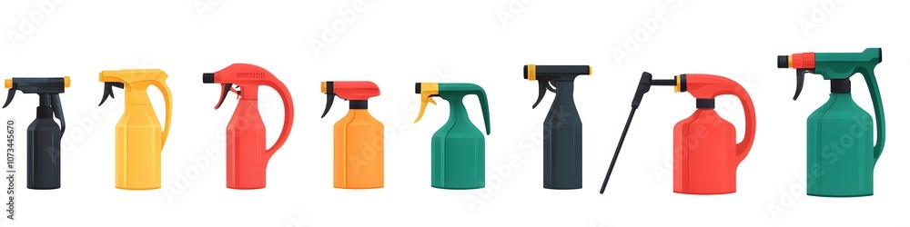 Collection of garden sprayers in various sizes, each with ergonomic handles, displayed in a neat line on a pure white background. Vector art, no shadows, 4k resolution, white background Collection of garden sprayers in various sizes, each with ergonomic handles, displayed in a neat line on a pure white background. Vector art, no shadows, 4k resolution, white background