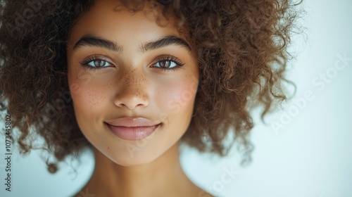 Portrait of a young woman with beautiful curly hair and radiant skin, smiling gently at the camera, showcasing natural beauty and confidence in a serene setting.