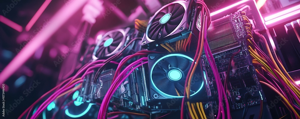 A pile of graphics cards with fans, connected by colorful cables to an alien machine in the background A pile of graphics cards with fans, connected by colorful cables to an alien machine in the background