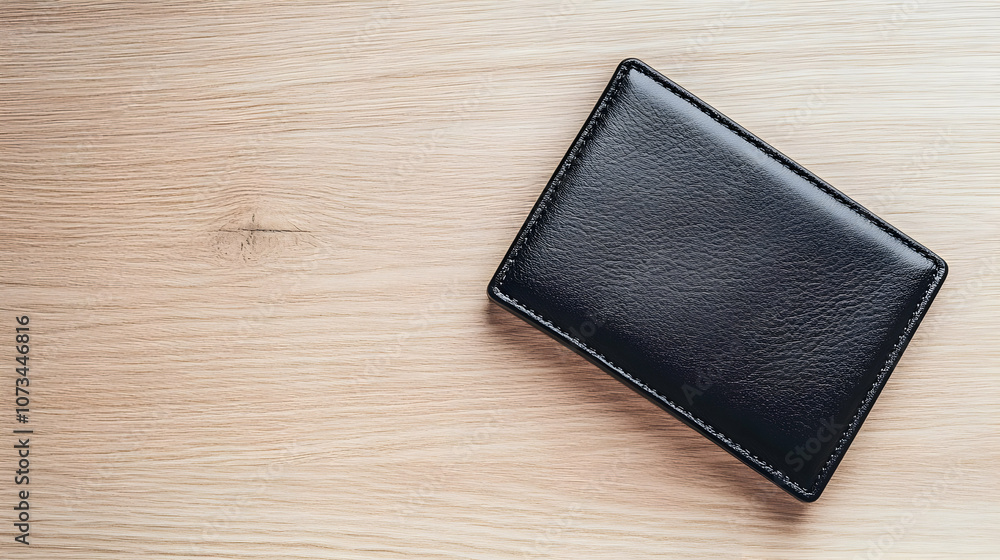 A glossy black leather wallet laid flat on a smooth wooden surface, lit by warm natural sunlight for a timeless aesthetic. A glossy black leather wallet laid flat on a smooth wooden surface, lit by warm natural sunlight for a timeless aesthetic.