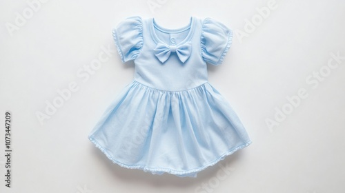 Adorable light blue baby dress with small bows, isolated on white background