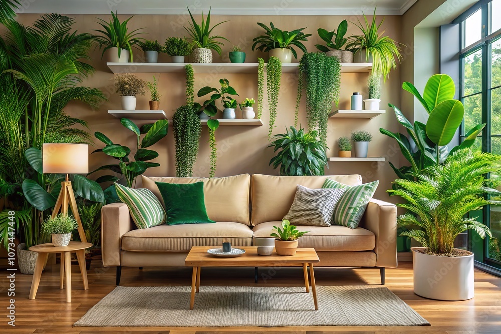 Fototapeta premium Eco-Friendly Interior Design Featuring Cozy Beige Sofa Surrounded by Indoor Plants and Green Decor