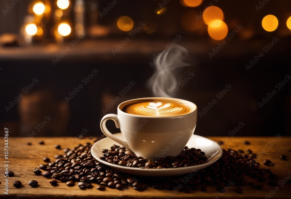 warm cup steaming coffee surrounded aromatic coffee beans creating inviting cozy atmosphere, beverage, bold, brews, caffeine, caffeinated, cafe warm cup steaming coffee surrounded aromatic coffee beans creating inviting cozy atmosphere, beverage, bold, brews, caffeine, caffeinated, cafe