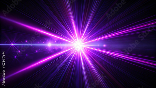 A purple laser beam on a black background, with a lens flare effect and rays of light, background with a blur effect.