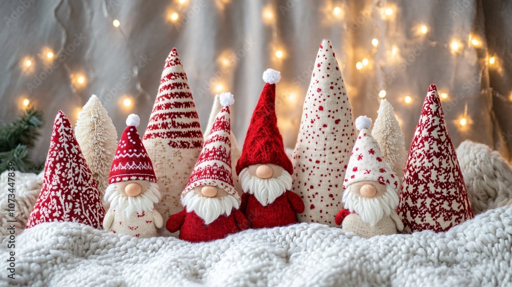 Hand-sewn Christmas gnomes and fabric trees in red and white, arranged on a snowy blanket background with twinkling lights