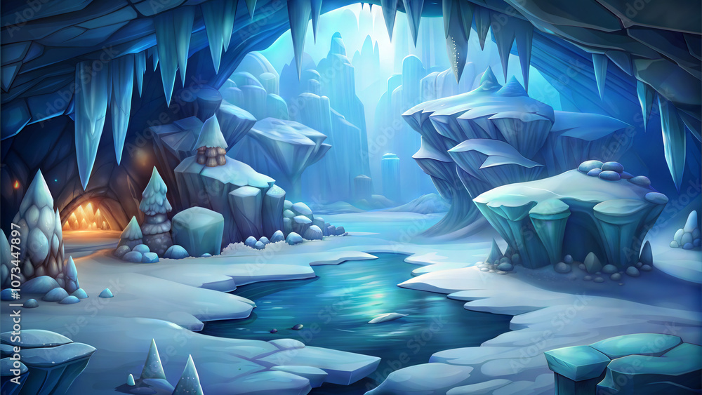Fototapeta premium Cartoon frozen landscape featuring a river and an ice cave, creating a cold and mysterious atmosphere. Background for the game.