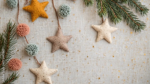 Hand-sewn fabric stars and pom-pom garlands, isolated on a beige textured fabric with pine sprigs photo