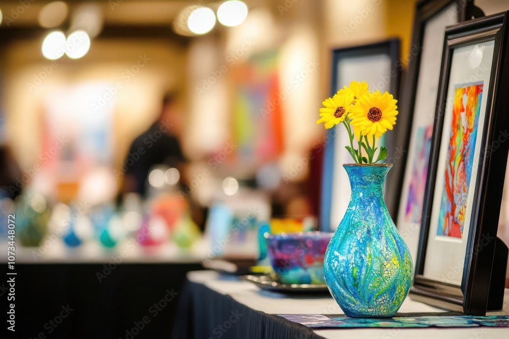Art show with paintings, photographs, and blue vase with yellow flowers Art show with paintings, photographs, and blue vase with yellow flowers