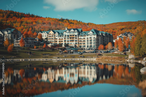 Scenic Resort by a Calm Lake in Autumn