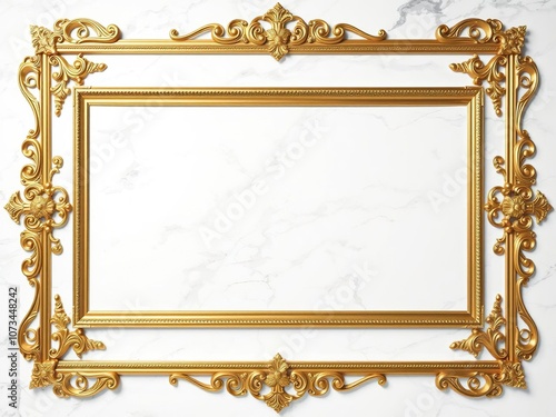 Golden rectangular frame with intricate details on a luxurious white marble background, frame, elegant