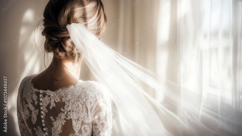 Bride in wedding dress looking out window in warm sunlight, romantic setting Bride in wedding dress looking out window in warm sunlight, romantic setting