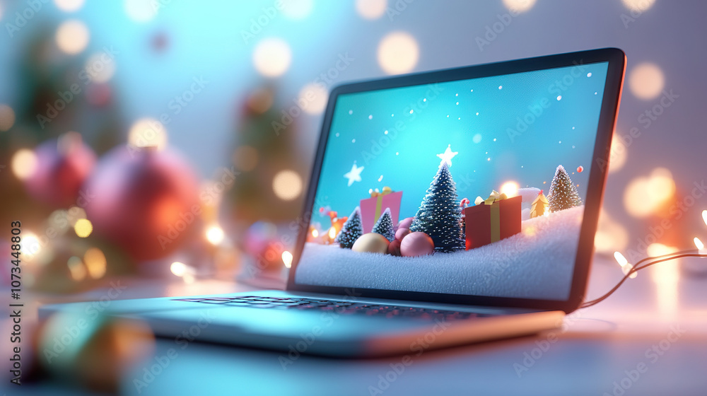 laptop displaying festive Christmas scene with decorated trees and gifts, surrounded by warm holiday lights laptop displaying festive Christmas scene with decorated trees and gifts, surrounded by warm holiday lights