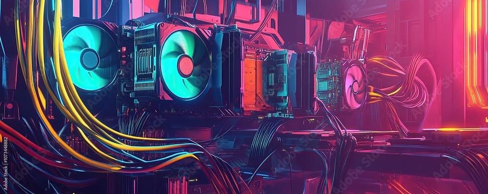 A pile of graphics cards with fans, connected by colorful cables to an alien machine in the background A pile of graphics cards with fans, connected by colorful cables to an alien machine in the background