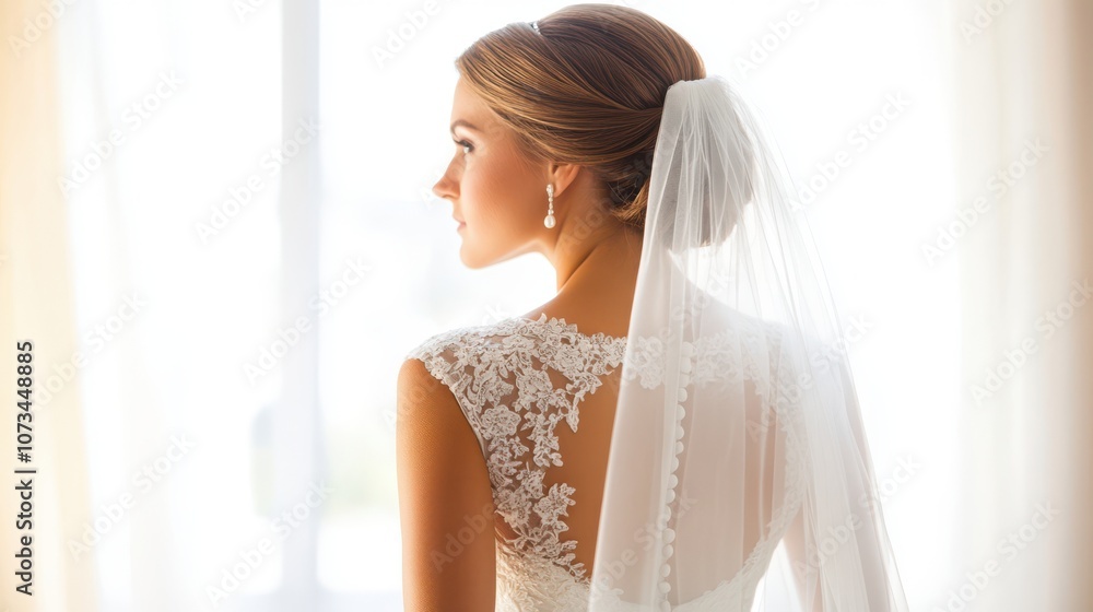 Bride in wedding dress looking out window in warm sunlight, romantic setting Bride in wedding dress looking out window in warm sunlight, romantic setting
