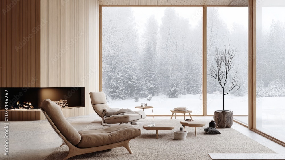 Minimalist Living Room with Large Windows and Winter View Minimalist Living Room with Large Windows and Winter View
