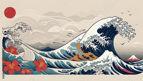 Obraz na płótnie Oriental Wave Patterns: Traditional Japanese Vector Illustrations for Creative Design w salonie