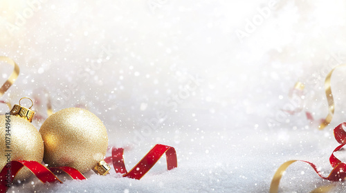 Golden Christmas ornaments and red ribbons on snowy background create festive and joyful holiday atmosphere
