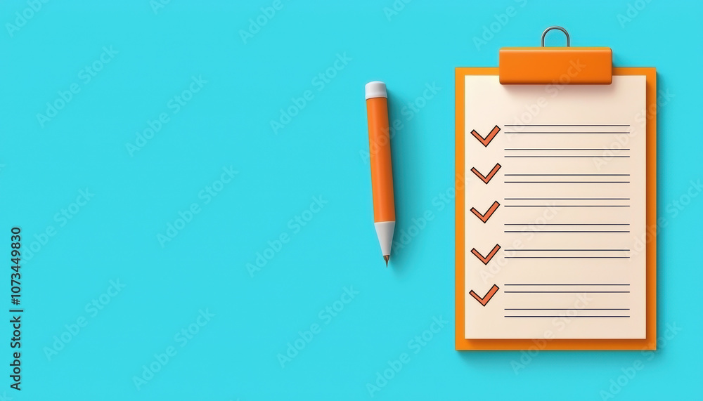 A clipboard with a checkmark list and an orange pen on a bright blue background, creating a vibrant and organized workspace. A clipboard with a checkmark list and an orange pen on a bright blue background, creating a vibrant and organized workspace.