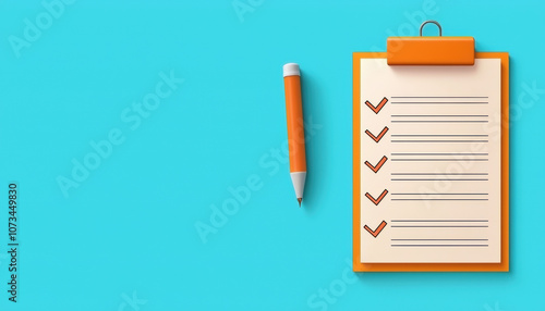 A clipboard with a checkmark list and an orange pen on a bright blue background, creating a vibrant and organized workspace.