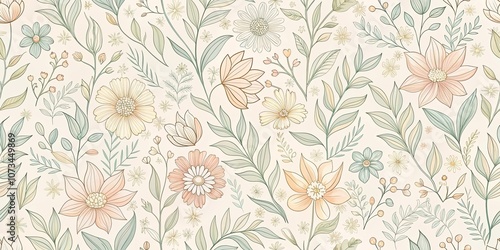 A Delicate Floral Pattern with Light Colors and Detailed Linework, Featuring Various Blooms and Foliage on a Soft Beige Background